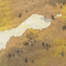 A square sample of textured material featuring a mottled pattern of ochre brown, mustard yellow, cream, and dark charcoal spots.