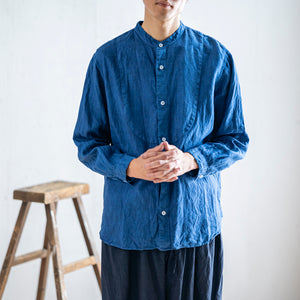 Hand Dyed  Stand Collar Linen Shirt / Indigo