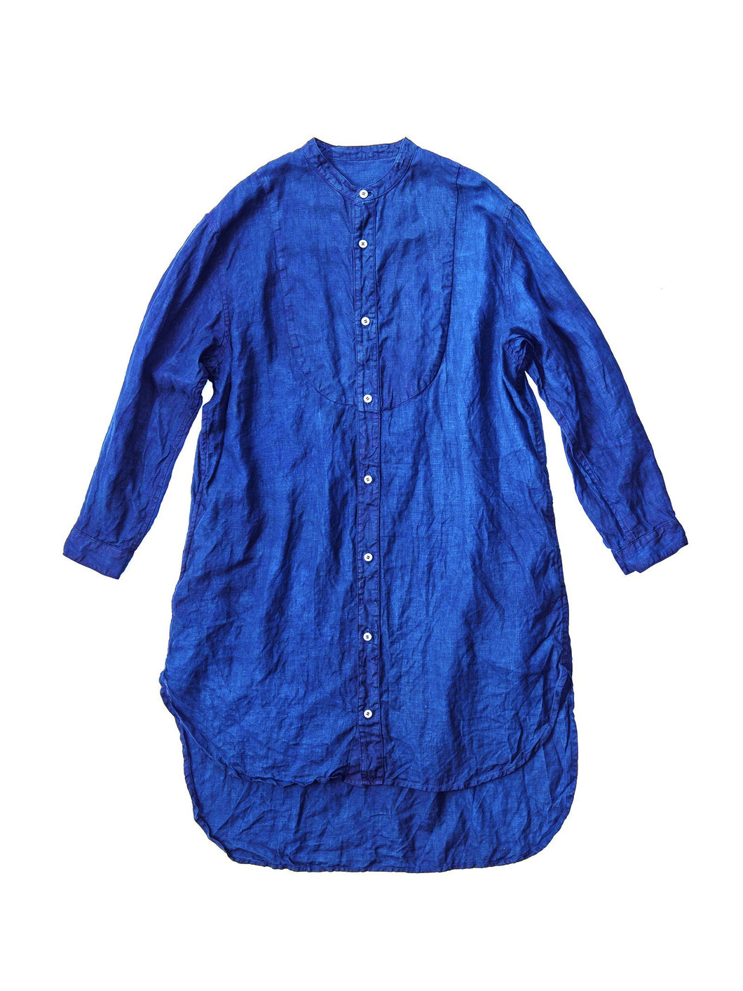 Hand Dyed Stand Collar Linen Long Shirt / Indigo
